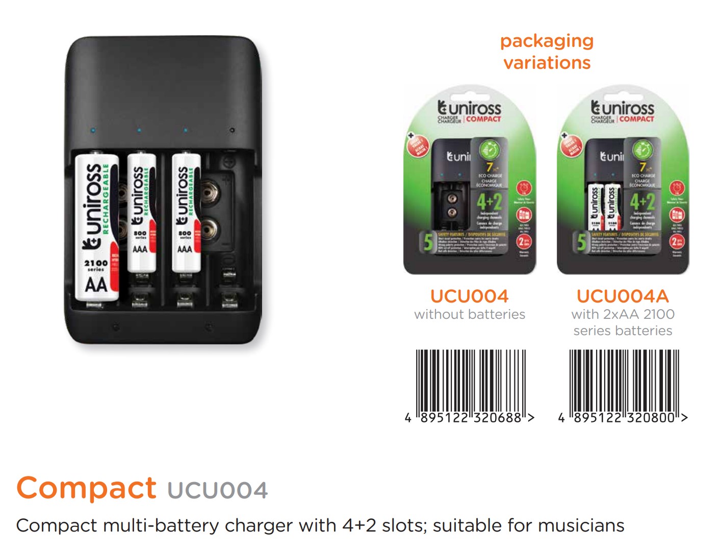 شارژر یونیروس مدل Compact UCU004 همراه با ۴ عدد باتری قلمی شارژی Hybrio